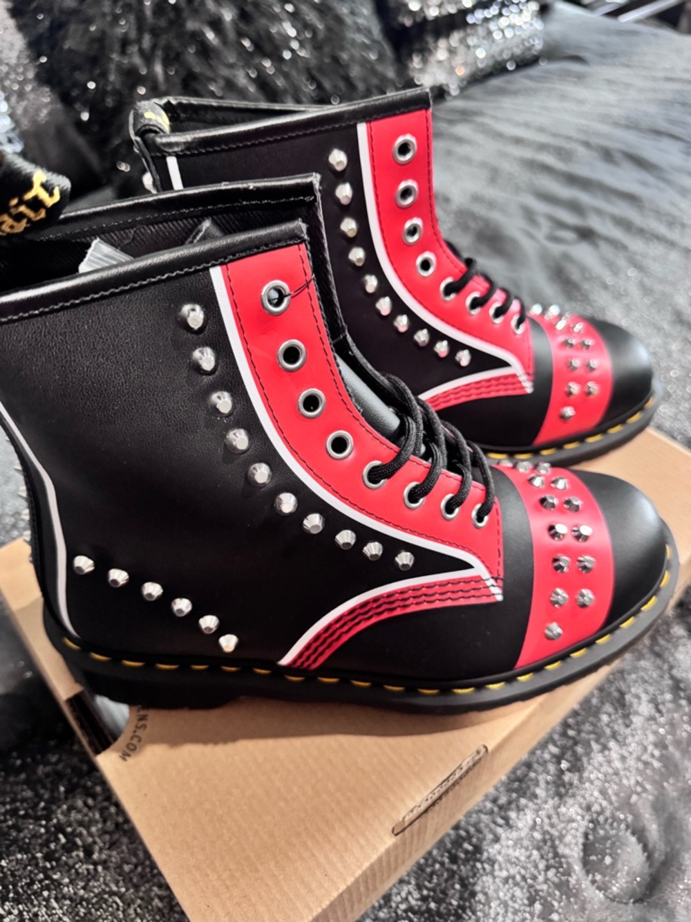 Dr. Martens Black and Red Studded Combat Boots - Picture 3 of 6